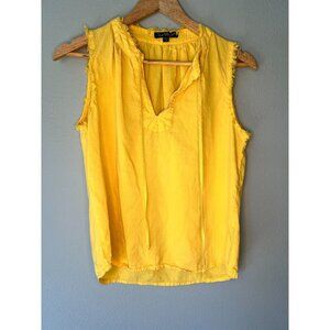 Velvet Heart Top Women's XS Yellow Linen Tasseled-Tie Frayed Trim V-Neck Beachy